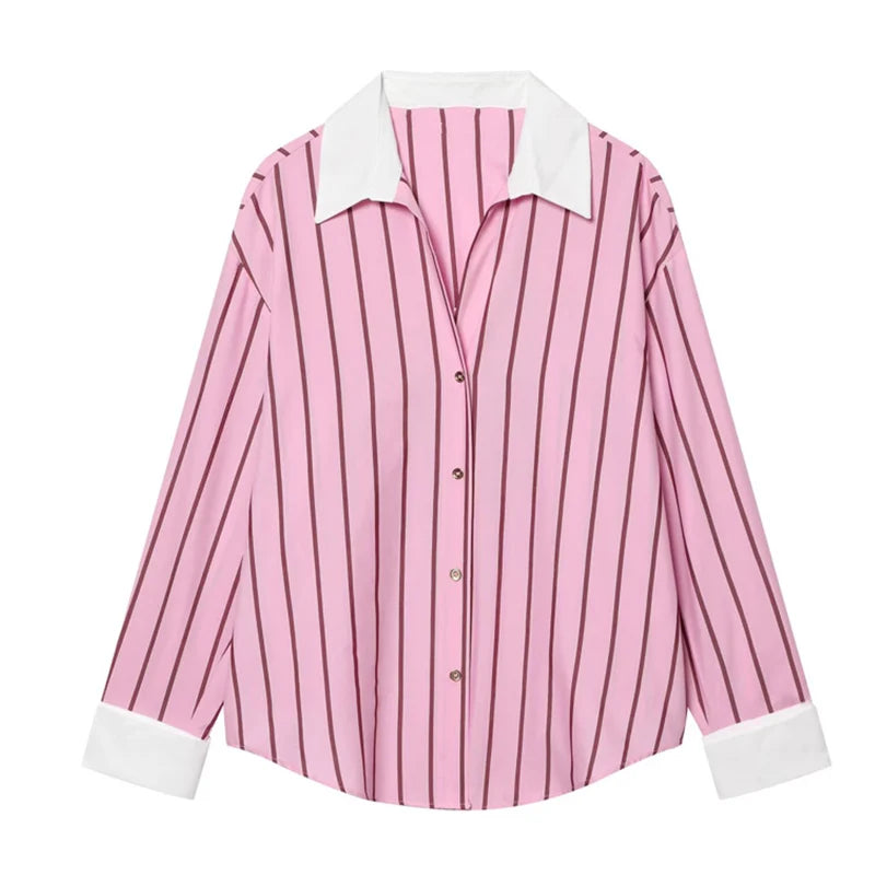 Chemise Rosalie – Chemise Rayée Rose à Poignets Contrastés