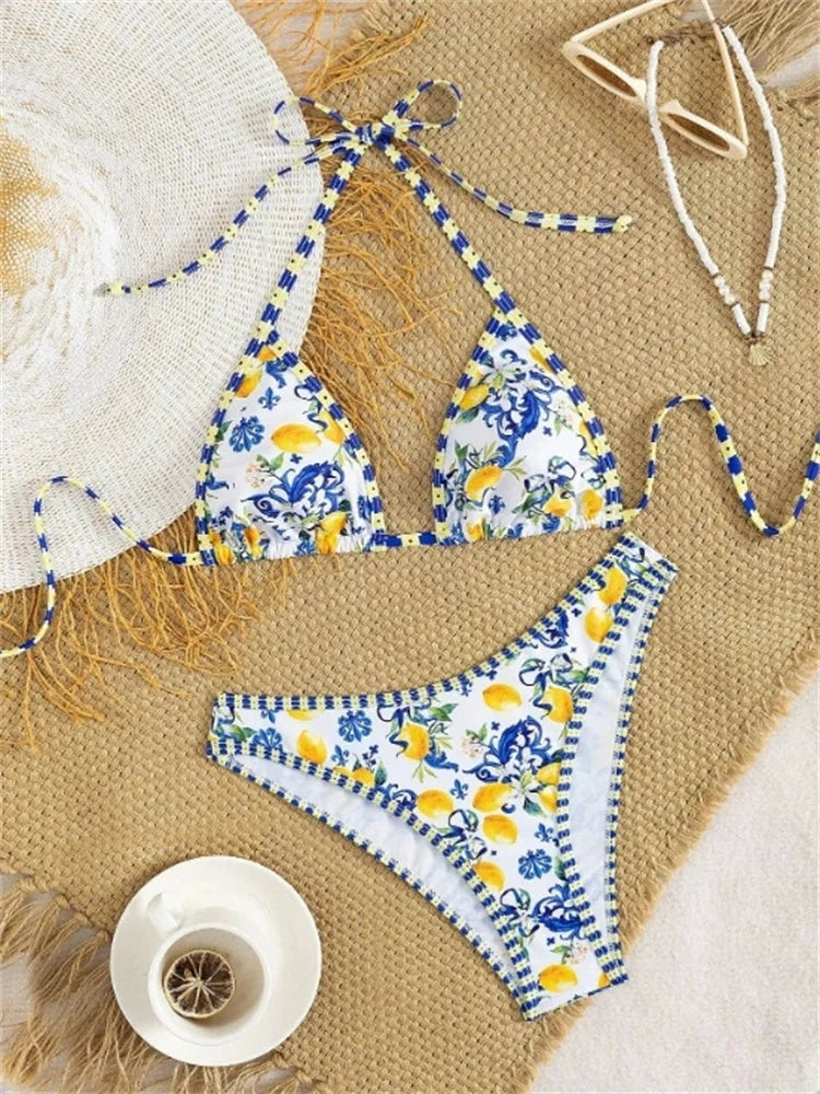 Bikini Capri taille haute imprimé citrons pour femme