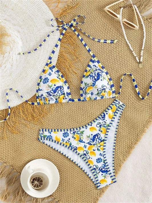 Bikini Capri taille haute imprimé citrons pour femme