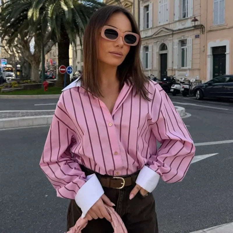 Chemise Rosalie rayée rose à poignets contrastés pour femme