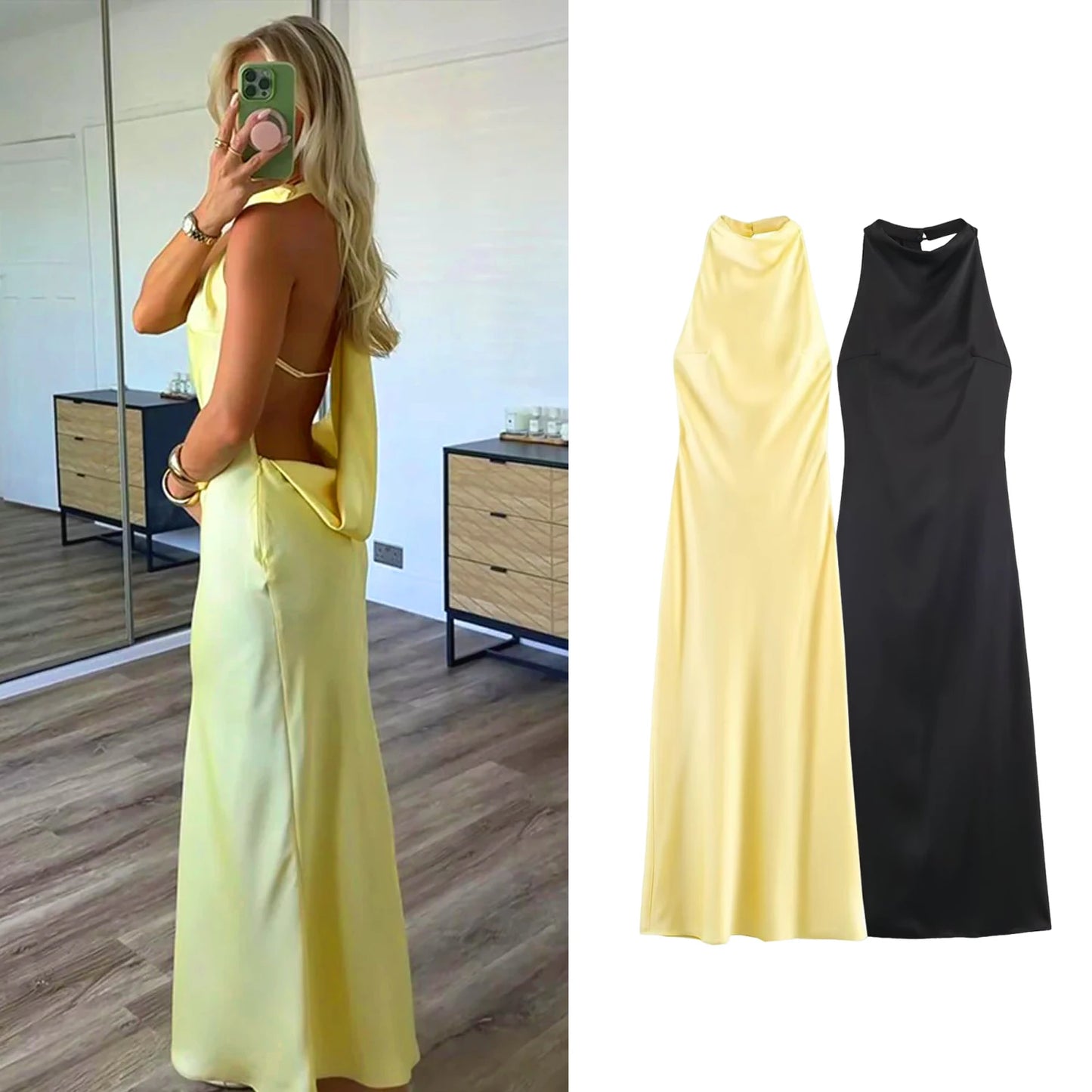 Robe Céleste longue satinée dos nu pour femme